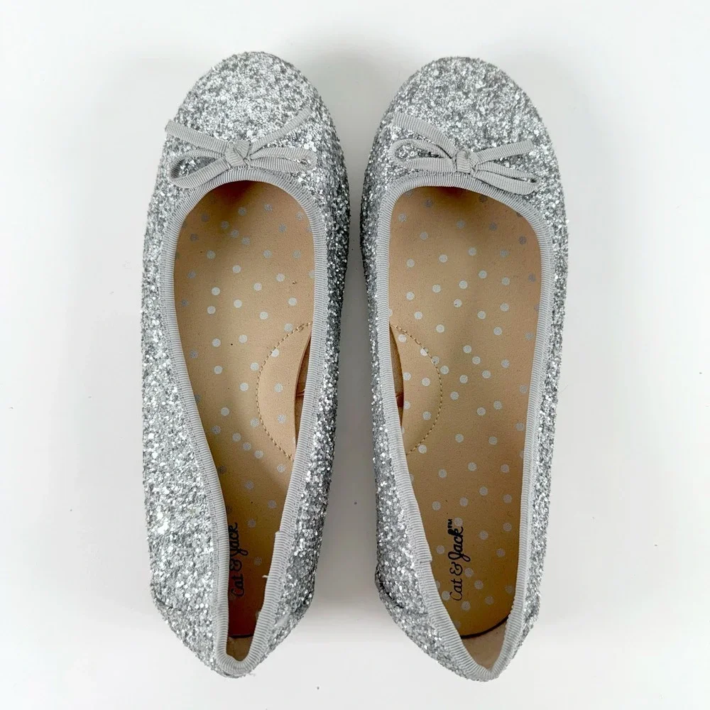 Cat & Jack Glitter Ballet Flats Girls 4 Silver Bow Sparkly Dress Shoes Holiday
